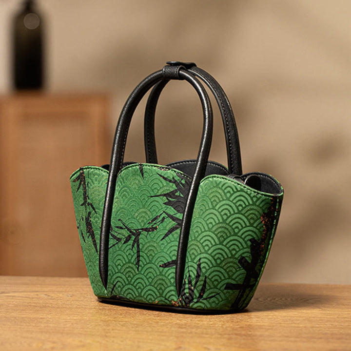 Borsa a tracolla in seta Xiangyunsha a forma di fiore di bambù curva Buddha Stones