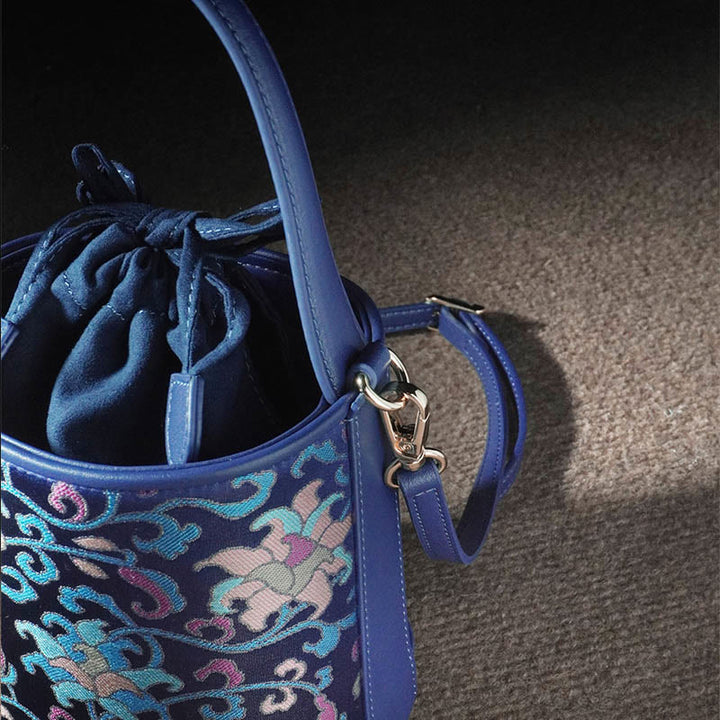 Borsa a tracolla in broccato con rami intrecciati e Buddha Stones , retro, loto, canzone