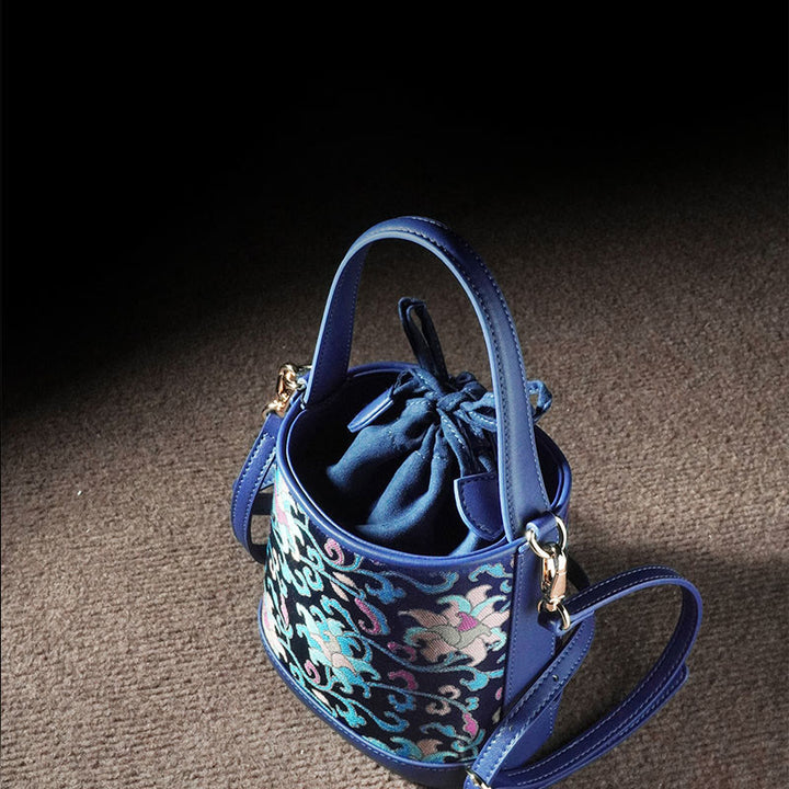 Borsa a tracolla in broccato con rami intrecciati e Buddha Stones , retro, loto, canzone