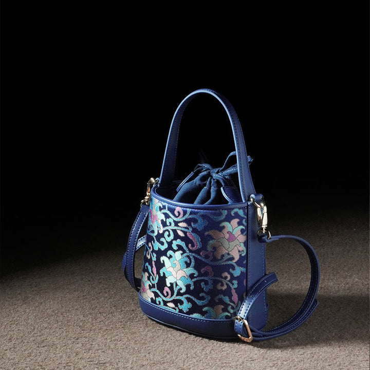 Borsa a tracolla in broccato con rami intrecciati e Buddha Stones , retro, loto, canzone