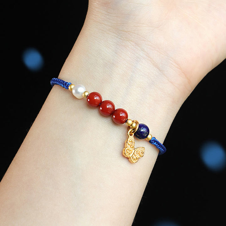 Braccialetto Buddha Stones Klein Blue String, Agata rossa del sud, Granato, Avventurina blu, Lazurite, Lapislazzuli, Farfalla in rame, Carattere positivo Fu - image 4