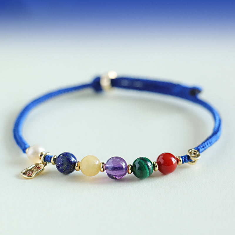 Braccialetto Buddha Stones Klein Blue String, Agata rossa del sud, Granato, Avventurina blu, Lazurite, Lapislazzuli, Farfalla in rame, Carattere positivo Fu - image 9