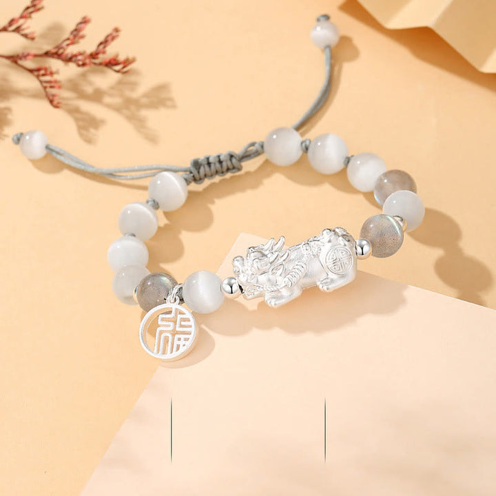 Buddha Stones Pi Xiu Sei parole vere Braccialetto portafortuna in argento sterling 999, ossidiana nera, turchese bianco e crisoberillo - Bracciale in argento sterling 999 con crisoberillo e pietra di luna (circonferenza del polso: 16-21 cm) - image 12