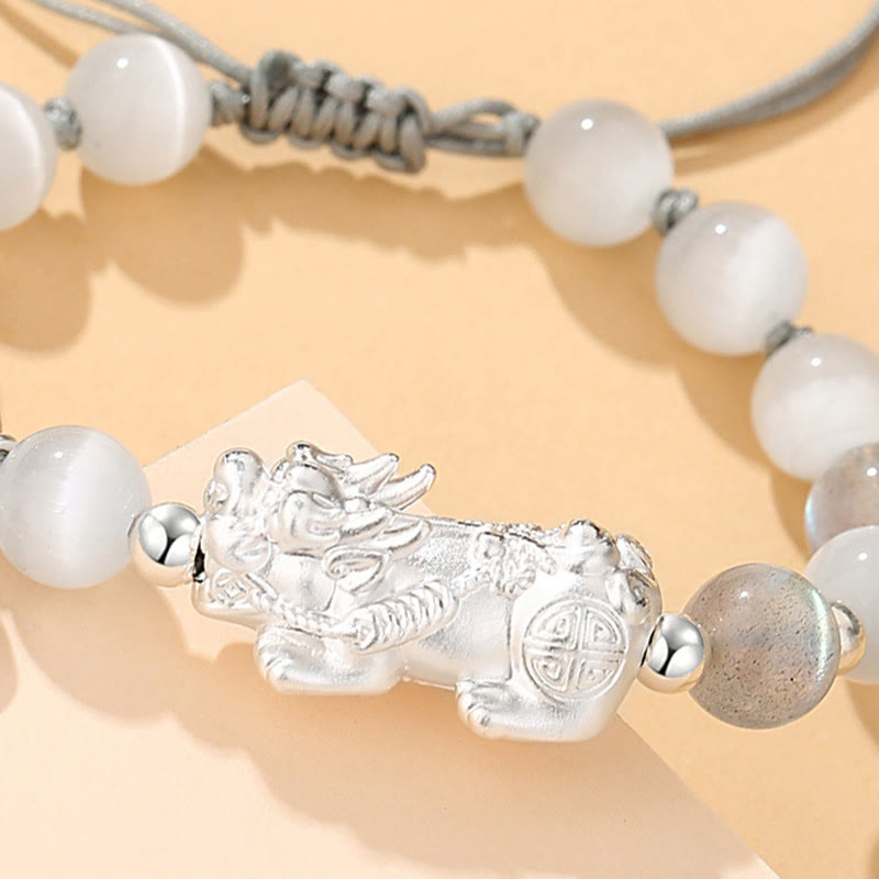 Buddha Stones Pi Xiu Sei parole vere Braccialetto portafortuna in argento sterling 999, ossidiana nera, turchese bianco e crisoberillo - image 13