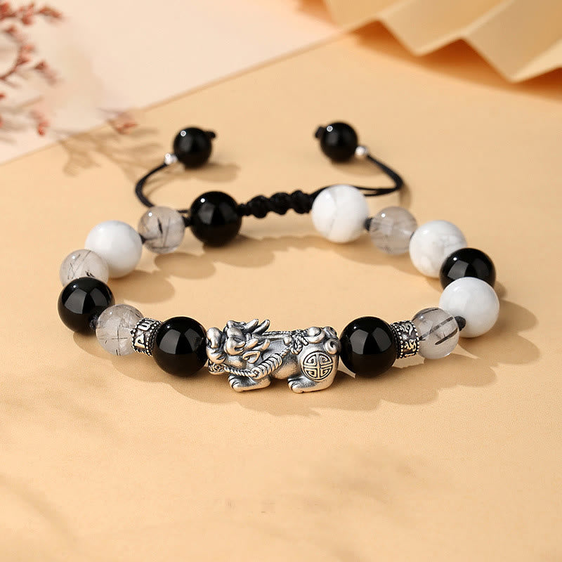 Buddha Stones Pi Xiu Sei parole vere Braccialetto portafortuna in argento sterling 999, ossidiana nera, turchese bianco e crisoberillo - Argento sterling 999, ossidiana nera, turchese bianco, quarzo rutilato nero (circonferenza del polso: 20-25 cm) - image 0