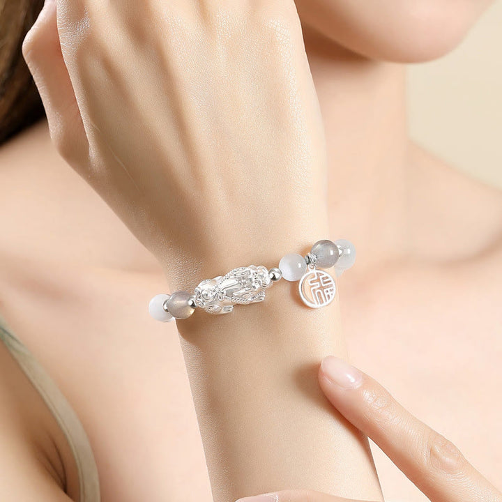 Buddha Stones Pi Xiu Sei parole vere Braccialetto portafortuna in argento sterling 999, ossidiana nera, turchese bianco e crisoberillo - image 15