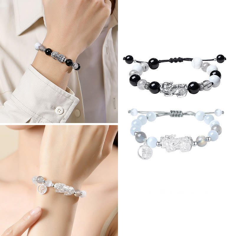 Buddha Stones Pi Xiu Sei parole vere Braccialetto portafortuna in argento sterling 999, ossidiana nera, turchese bianco e crisoberillo - image 18