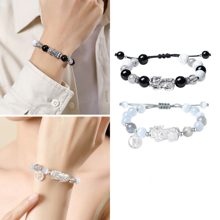 Buddha Stones Pi Xiu Sei parole vere Braccialetto portafortuna in argento sterling 999, ossidiana nera, turchese bianco e crisoberillo - image 18