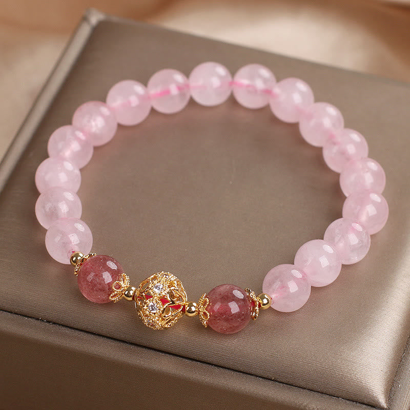 Bracciale Buddha Stones con cristallo rosa e quarzo fragola Love - Quarzo rosa a forma di fragola (circonferenza del polso: 14-16 cm) - image 0