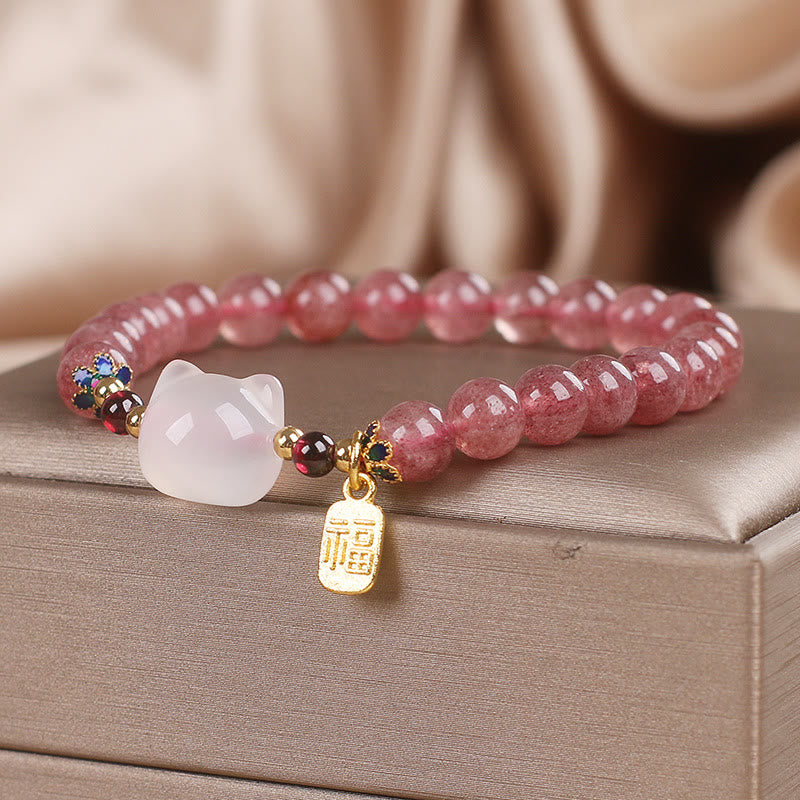 Braccialetto di guarigione con carattere di gatto Fu , Buddha Stones , quarzo fragola e giada bianca - image 2