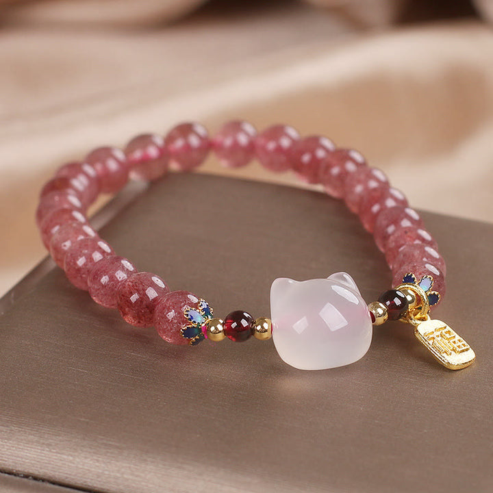 Braccialetto di guarigione con carattere di gatto Fu , Buddha Stones , quarzo fragola e giada bianca - image 5