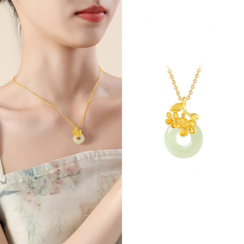 Collana con ciondolo a forma di fiore di pesco, fibbia della pace in argento sterling 999, Buddha Stones, giada di Hetian - image 3