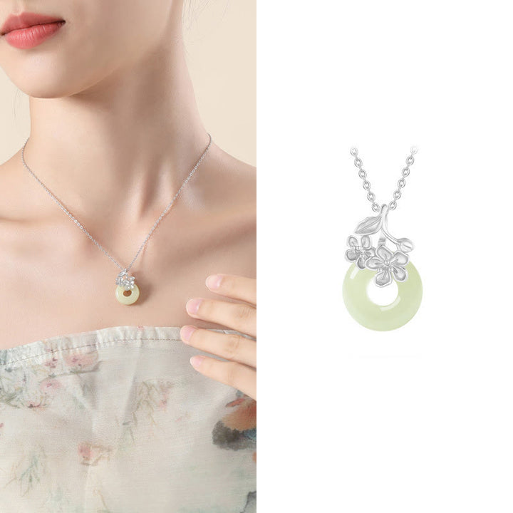 Collana con ciondolo a forma di fiore di pesco, fibbia della pace in argento sterling 999, Buddha Stones, giada di Hetian - image 12