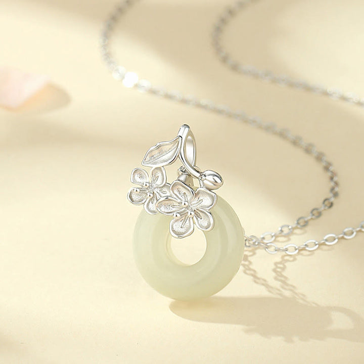 Collana con ciondolo a forma di fiore di pesco, fibbia della pace in argento sterling 999, Buddha Stones, giada di Hetian - image 9