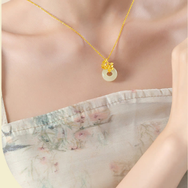 Collana con ciondolo a forma di fiore di pesco, fibbia della pace in argento sterling 999, Buddha Stones, giada di Hetian - image 2