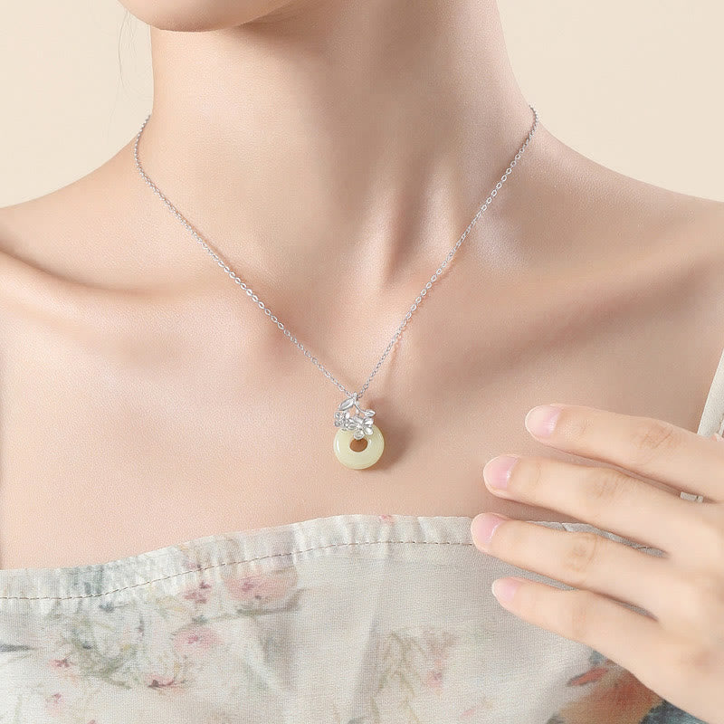 Collana con ciondolo a forma di fiore di pesco, fibbia della pace in argento sterling 999, Buddha Stones, giada di Hetian - image 11