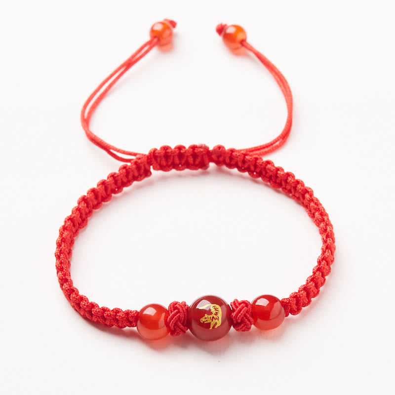 Buddha Stones Agata rossa naturale Zodiaco cinese Braccialetto di protezione e fortuna intrecciato con corda rossa