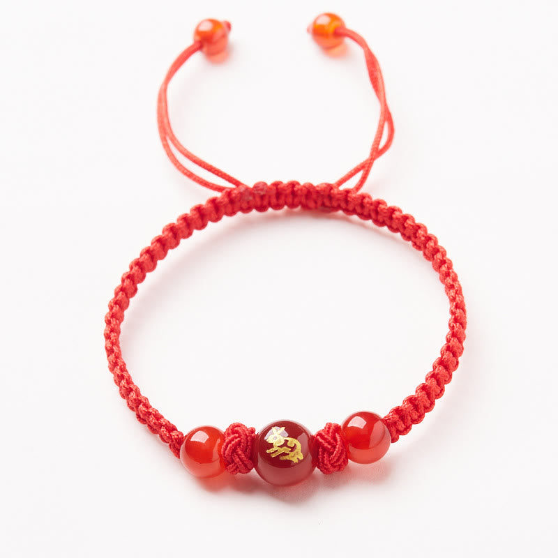 Buddha Stones Agata rossa naturale Zodiaco cinese Braccialetto di protezione e fortuna intrecciato con corda rossa
