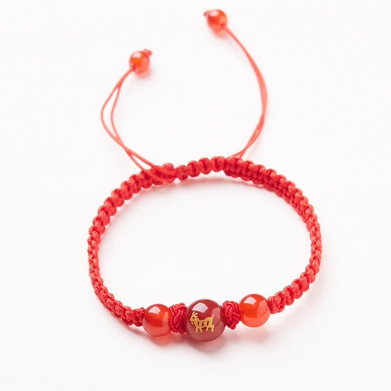 Buddha Stones Agata rossa naturale Zodiaco cinese Braccialetto di protezione e fortuna intrecciato con corda rossa