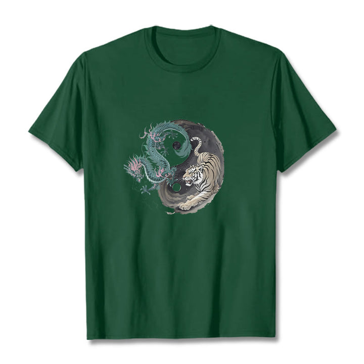 Maglietta in cotone con Buddha Stones, tigre, drago, Yin e Yang - Verde studentesco - 2XL - image 1