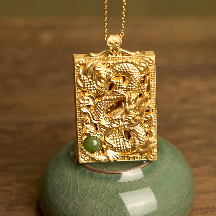Collana con ciondolo in giada Hetian placcata in oro con Buddha Stones drago - image 2