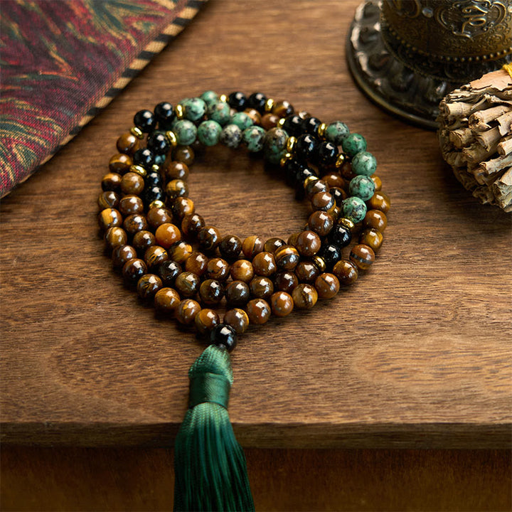 Buddha Stones 108 Mala Pietra Naturale Occhio di Tigre Perline Turchesi Nappa Braccialetto di Protezione
