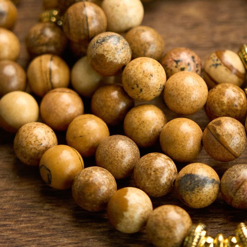 Buddha Stones 108 Perle Picture Jasper Mala Lotus Bracciale Coraggio