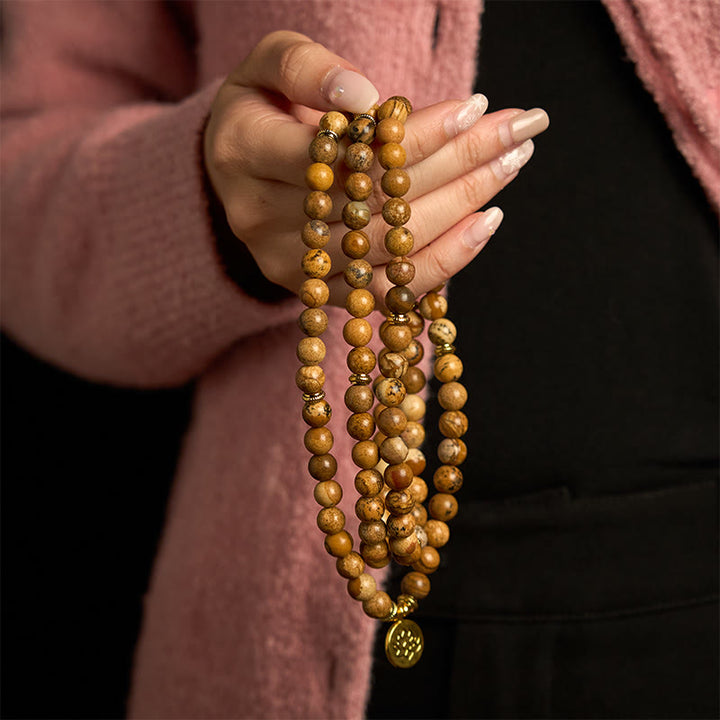 Buddha Stones 108 Perle Picture Jasper Mala Lotus Bracciale Coraggio