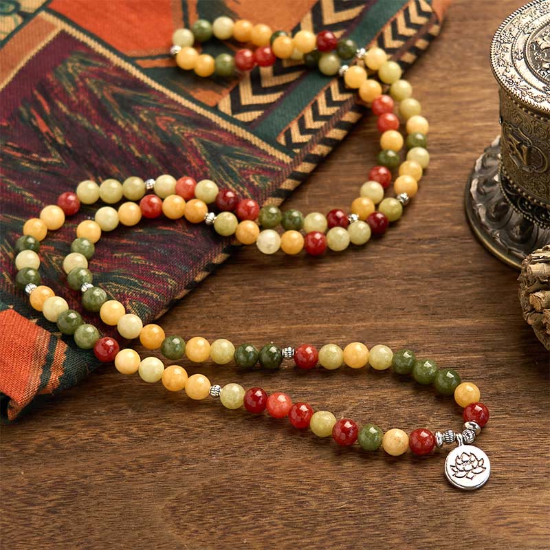 Buddha Stones 108 Mala Beads Pietra colorata naturale Topazio Diaspro rosso Diaspro verde Braccialetto di protezione del loto - image 2