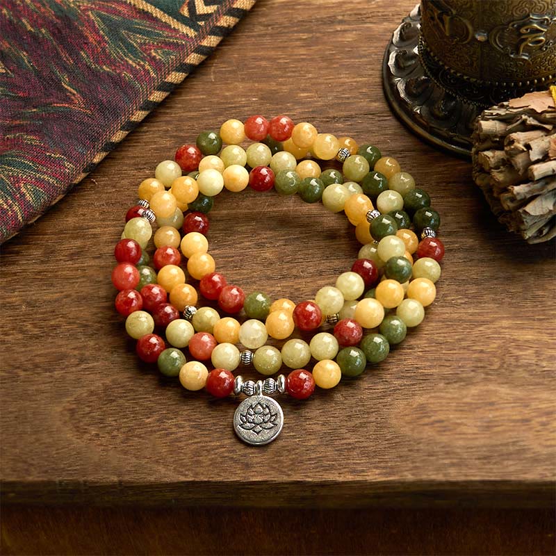 Buddha Stones 108 Mala Beads Pietra colorata naturale Topazio Diaspro rosso Diaspro verde Braccialetto di protezione del loto - Topazio, diaspro rosso e diaspro verde (circonferenza del polso: 14-16 cm) - image 0