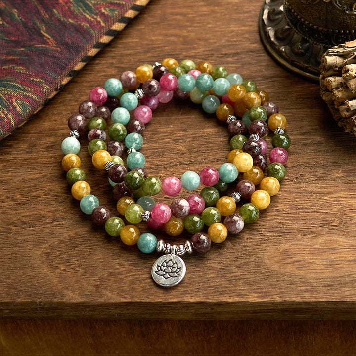 Braccialetto della saggezza del loto con 108 perline mala multistrato in tormalina naturale Buddha Stones