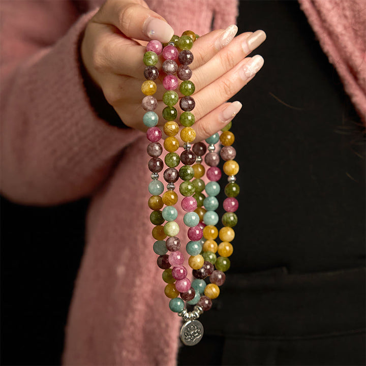 Braccialetto della saggezza del loto con 108 perline mala multistrato in tormalina naturale Buddha Stones