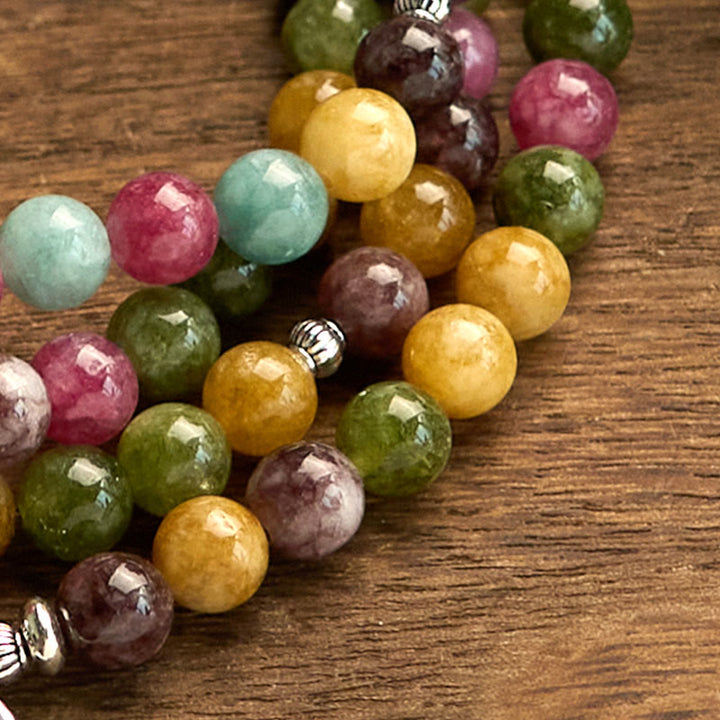 Braccialetto della saggezza del loto con 108 perline mala multistrato in tormalina naturale Buddha Stones