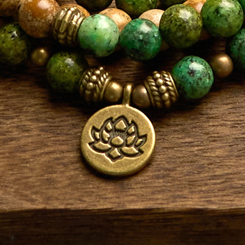 Buddha Stones 108 Mala Beads Pietra Naturale Jasper Turchese Lotus Braccialetto Positivo