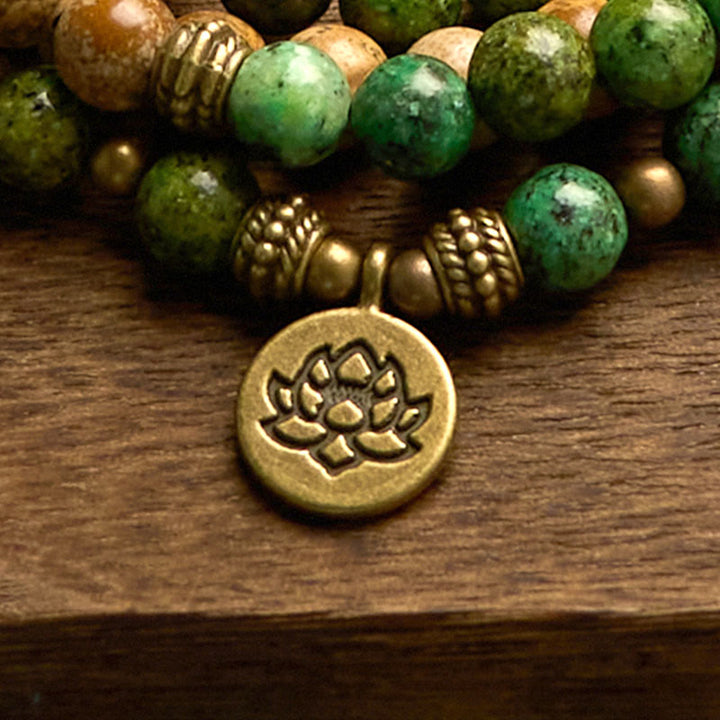 Buddha Stones 108 Mala Beads Pietra Naturale Jasper Turchese Lotus Braccialetto Positivo