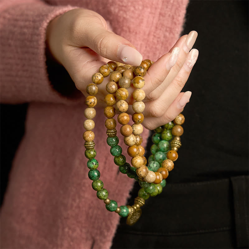 Buddha Stones 108 Mala Beads Pietra Naturale Jasper Turchese Lotus Braccialetto Positivo