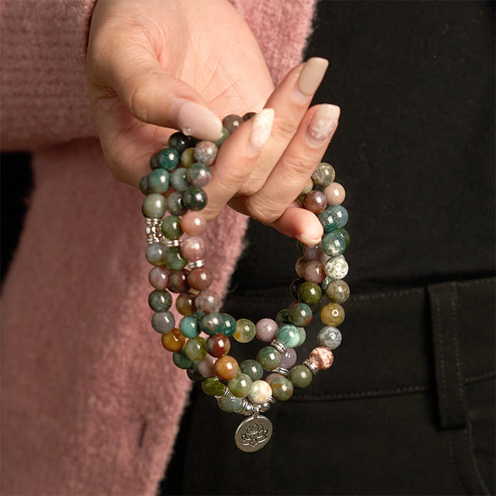 Buddha Stones 108 Mala Beads Pietra naturale Agata indiana Braccialetto di loto calmo