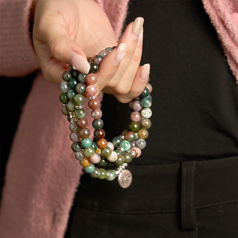 Buddha Stones 108 Mala Beads Pietra naturale Agata indiana Braccialetto di loto calmo