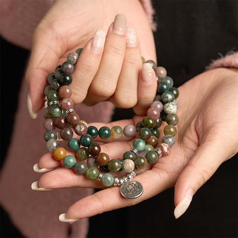 Buddha Stones 108 Mala Beads Pietra naturale Agata indiana Braccialetto di loto calmo