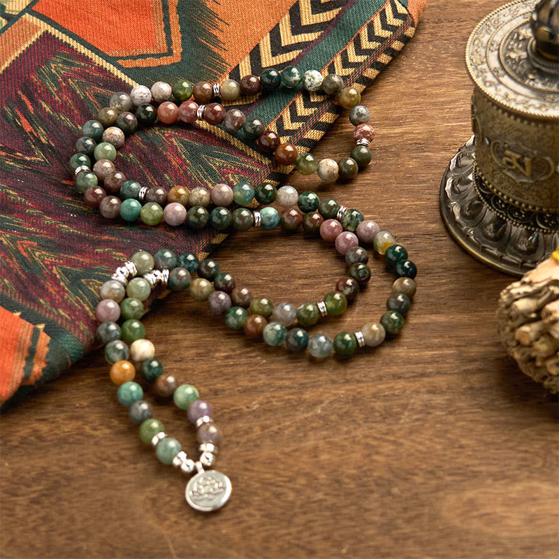 Buddha Stones 108 Mala Beads Pietra naturale Agata indiana Braccialetto di loto calmo