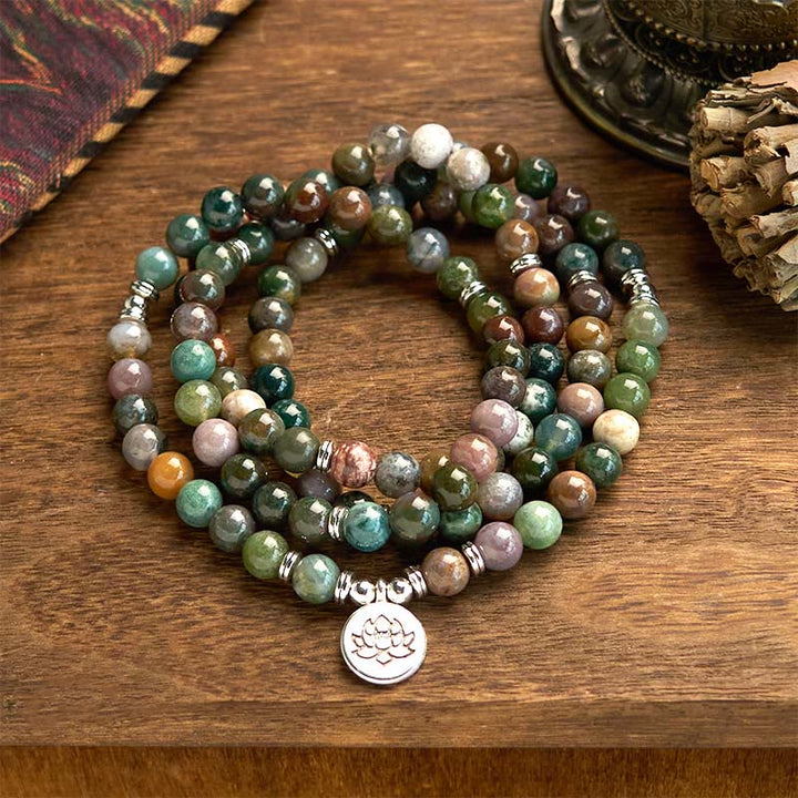 Buddha Stones 108 Mala Beads Pietra naturale Agata indiana Braccialetto di loto calmo