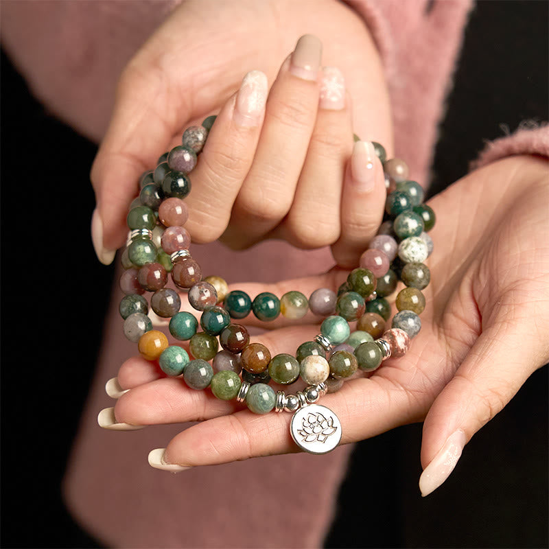 Buddha Stones 108 Mala Beads Pietra naturale Agata indiana Braccialetto di loto calmo