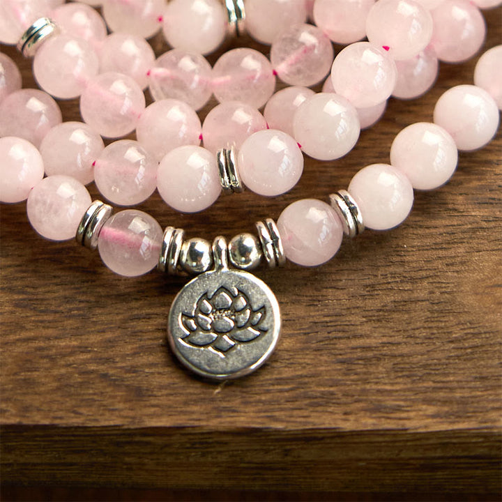 Buddha Stones 108 Mala Beads Pietra naturale Quarzo rosa Braccialetto di loto della pace