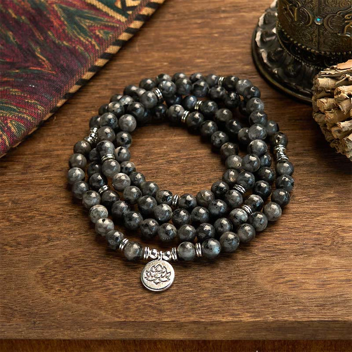 Buddha Stones 108 Mala Beads Multistrato Naturale Nero Glitter Pietra Braccialetto Positività Loto