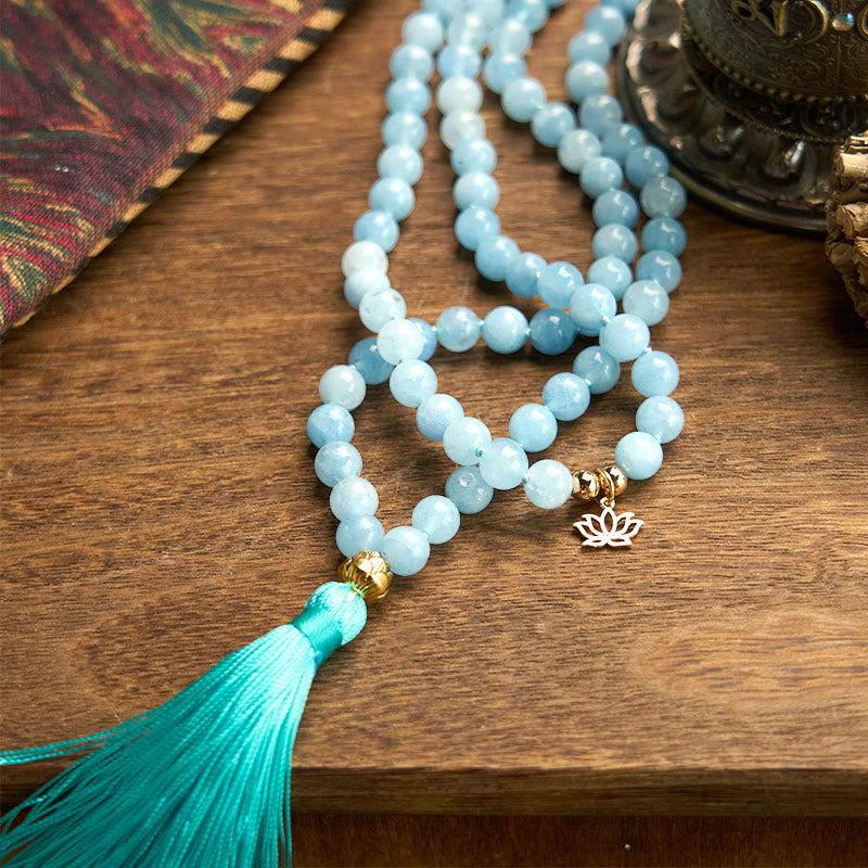 Buddha Stones 108 Mala Beads Pietra naturale Acquamarina Nappa Loto Bracciale curativo