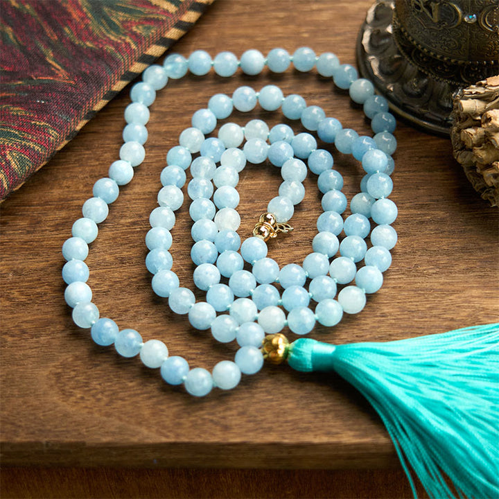 Buddha Stones 108 Mala Beads Pietra naturale Acquamarina Nappa Loto Bracciale curativo