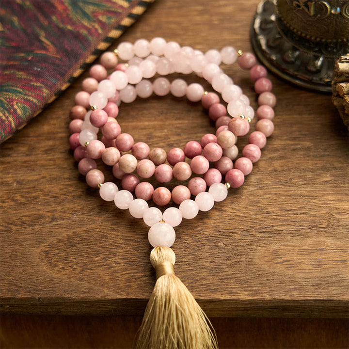 Buddha Stones 108 Mala Beads Rhodonite Rosa Quarzo Nappa Braccialetto Curativo