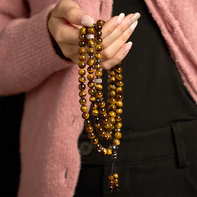 Buddha Stones 108 Mala Beads Pietra naturale Occhio di tigre Braccialetto di protezione multi-giro