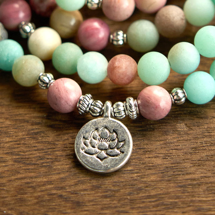 Buddha Stones 108 Mala Beads Rodonite Amazzonite Lotus Braccialetto curativo