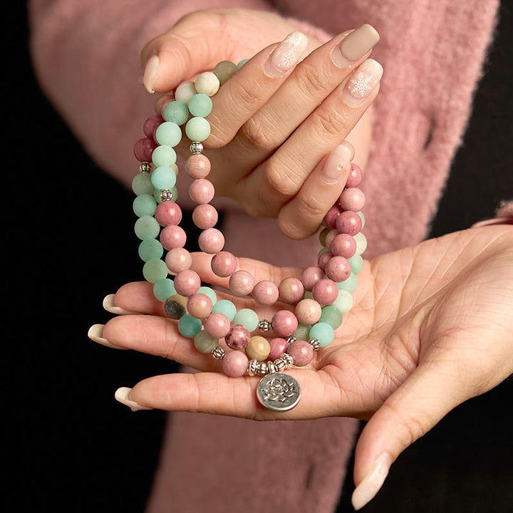 Buddha Stones 108 Mala Beads Rodonite Amazzonite Lotus Braccialetto curativo